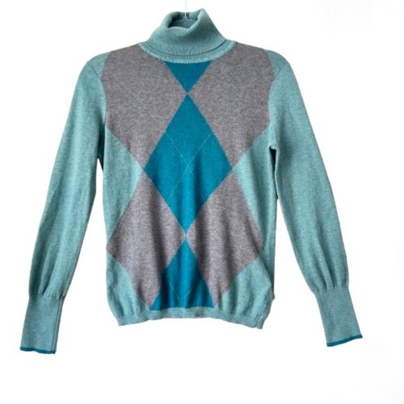 Y2K Argyle Turtleneck Sweater – Teal & Gray Cotton, Preppy Retro- Not worn - Picture 8 of 13